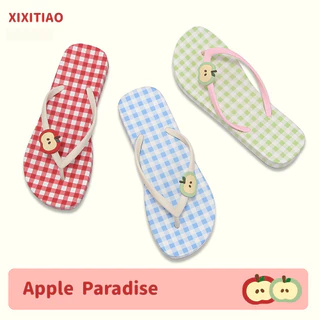 XIXITIAO รองเท้าแตะสุภาพสตรีลายสก๊อตสีแดง Apple Vacation รองเท้าแตะชายหาดแฟชั่นฤดูร้อน