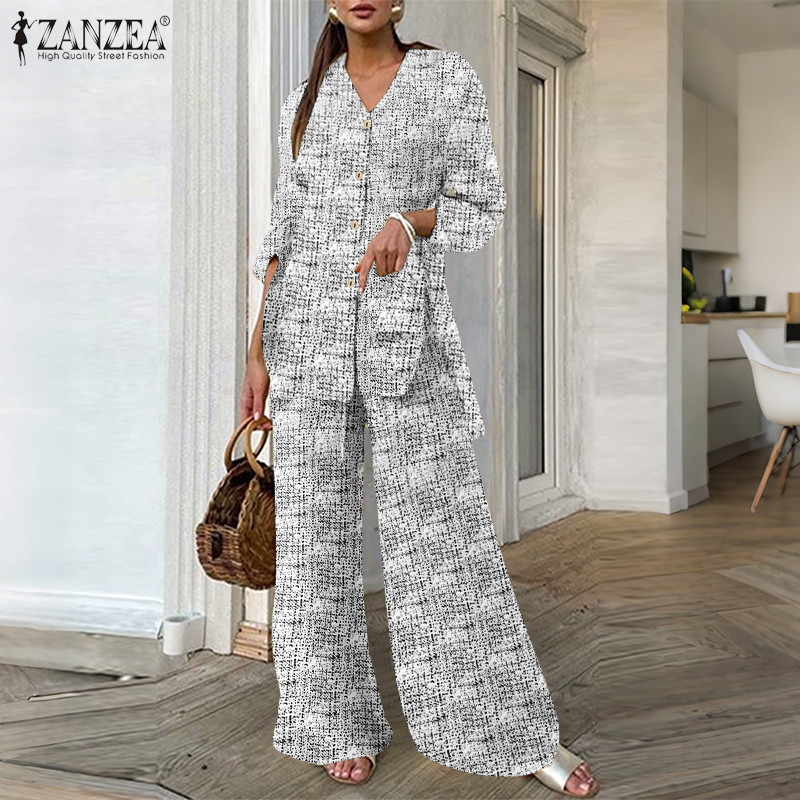 ZANZEA ผู้หญิงวินเทจลําลอง V คอแขนยาวกระเป๋าพิมพ์ปุ่มด้านข้าง Slit กางเกงขายาว 2 ชุด PC - รูปที่ 4