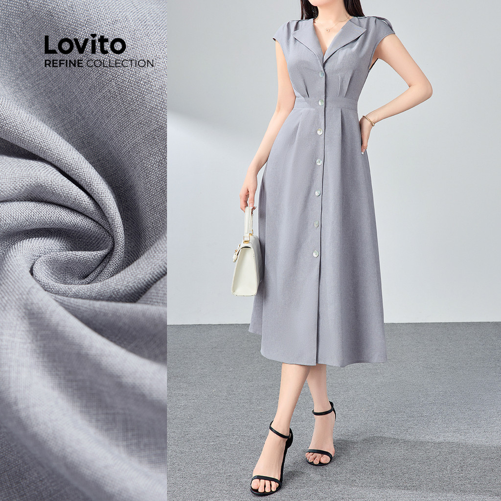 (Lovito Refine) ชุดเดรสสีเทาฤดูใบไม้ผลิ/ฤดูร้อนจีบธรรมดาลําลองสําหรับผู้หญิง LR11ED048