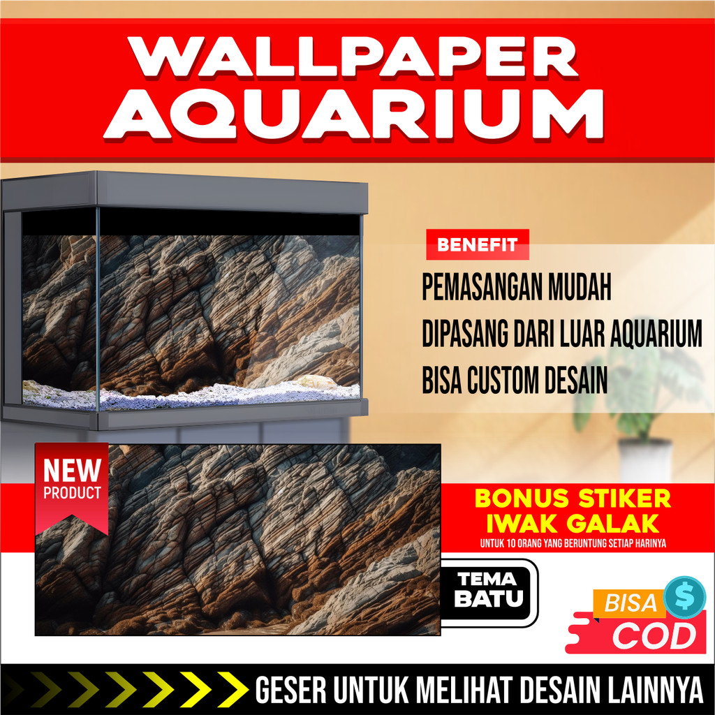 3D REAR AQUARIUM BACKGROUND สติ๊กเกอร์ติดผนังพร้อมภาพ ROCKSTONE EC2