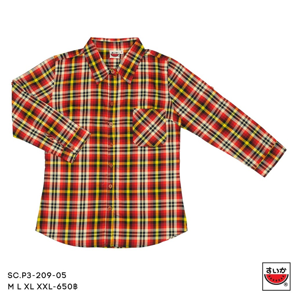 เสื้อแตงโม (SUIKA) คอปกเชิ้ตผ่าหน้าแขนสามส่วน ผู้หญิง ลายสก๊อต (ผ้าไม่ยืด) ( SC.P3 ) — صورة 6