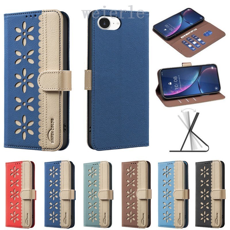 ซองหนังพลิกสําหรับ iPhone 16e 16 15 14 Plus 13 12 Pro Max กรณี Hollowed Out ดอกไม้กันชน Soft TPU ธุรกิจปกหลัง