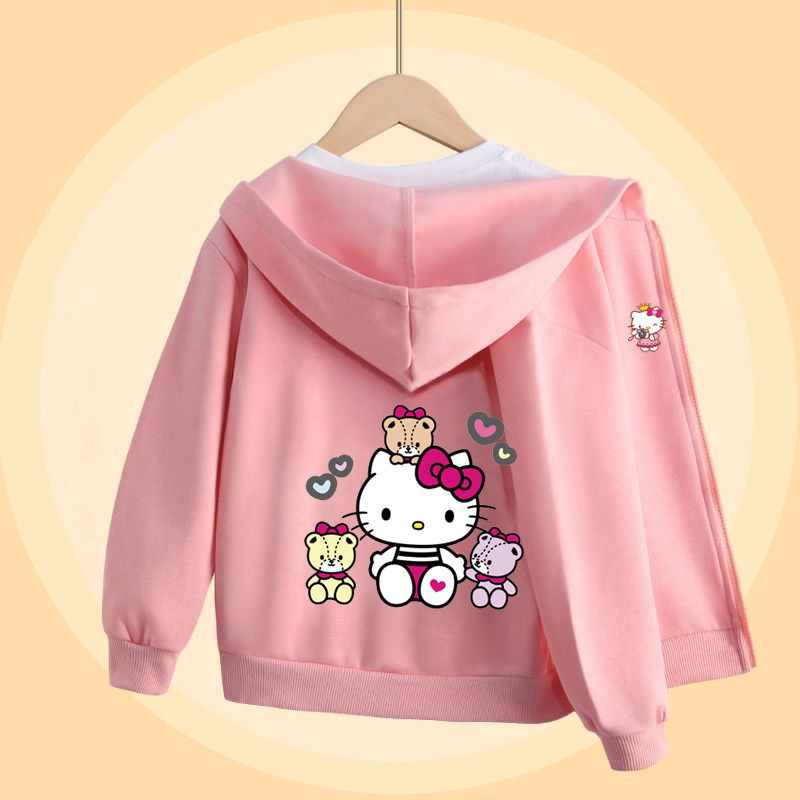แจ็คเก็ตใหม่ฤดูใบไม้ร่วงสำหรับเด็กผู้หญิง เสื้อฮู้ดการ์ตูน Hello Kitty แขนยาวกีฬา เสื้อผ้าเด็กผู้หญิง 1G4Q