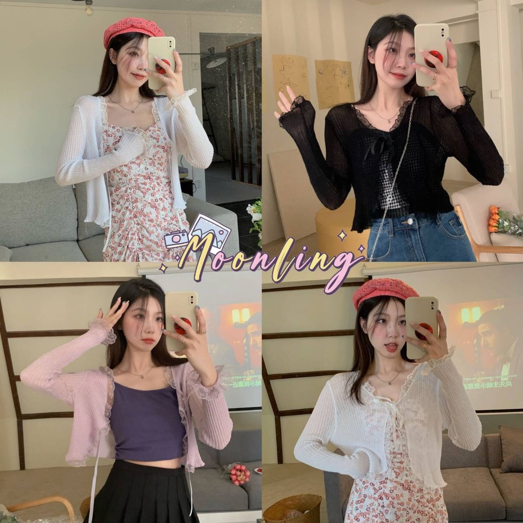 🌜Moonling🌛 พร้อมส่งจากไทย เสื้อคลุมซีทรู ไหมพรมลายลูกไม้ดีเทลผูกเชือกได้ *9515*