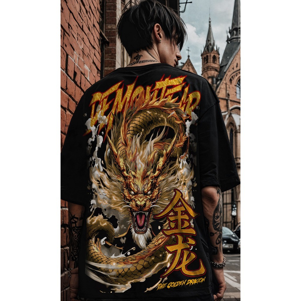2025 ใหม่ DemonTear < JINLONG} สไตล์เสื้อยืดจีนอินเทรนด์มังกรทอง Totem ผ้าฝ้ายแท้ผ้าหนักหลวม Dropped ไหล่รุ่น Hipster/แห่งชาติ.First Choice