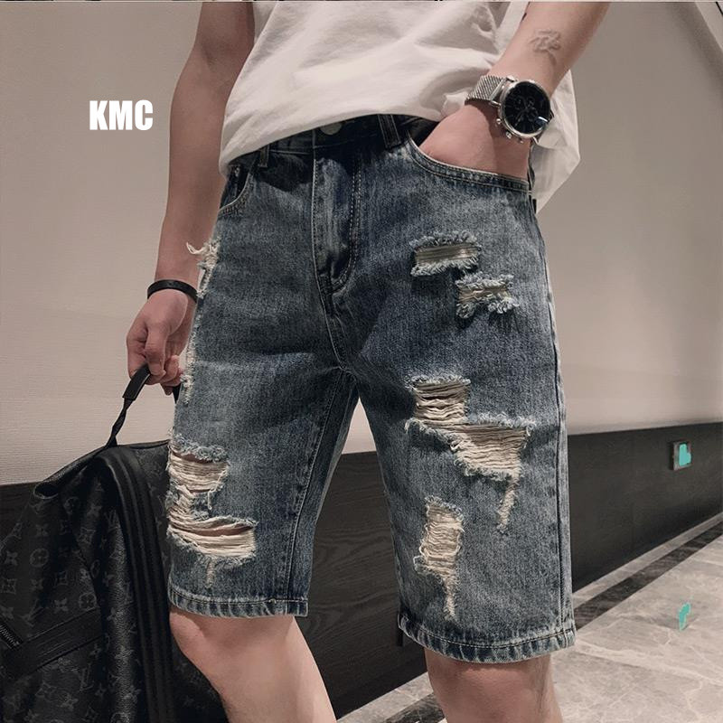 กางเกงขาสั้นเดนิม Ripped Korean Casual Slim-fit Straight Boys Shorts