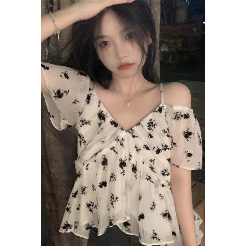 MIQILI ฝรั่งเศสดอกไม้เสื้อชีฟองผู้หญิง Niche V คอ Strapless หลวมสั้นเสื้อแขนสั้น wwi6 6.18