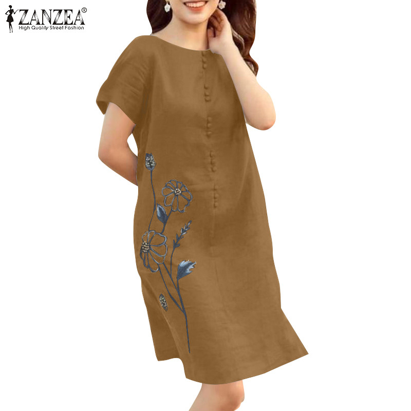 ZANZEA ชุดเกาหลีสบายๆ หลวม คอแขนสั้น มีลายดอกไม้เย็บปักถักร้อย