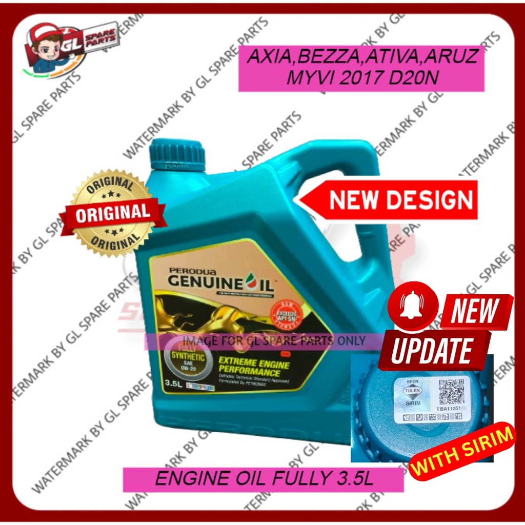 PERODUA 0W20 0W-20 (3.5L) FULLY SYNTHETIC ENGINE OIL MINYAK HITAM ATIV BEAZZA MYVI 2018> ARUZ
