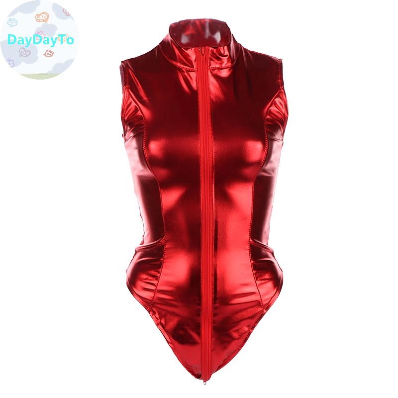 DayDayTo ซิปคู่เซ็กซี่เปิดเป้าหนัง Jumpsuit สำหรับผู้หญิง ชุดบอดี้สูทแบบไม่มีเป้า Glossy Shaping Latex TH