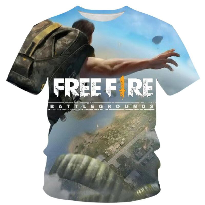 ฤดูร้อน เสื้อยืดแขนสั้นพิมพ์เกม Freefire กินไก่ 3D สำหรับวัยรุ่น แฟชั่นโพลีเอสเตอร์ คอกลม