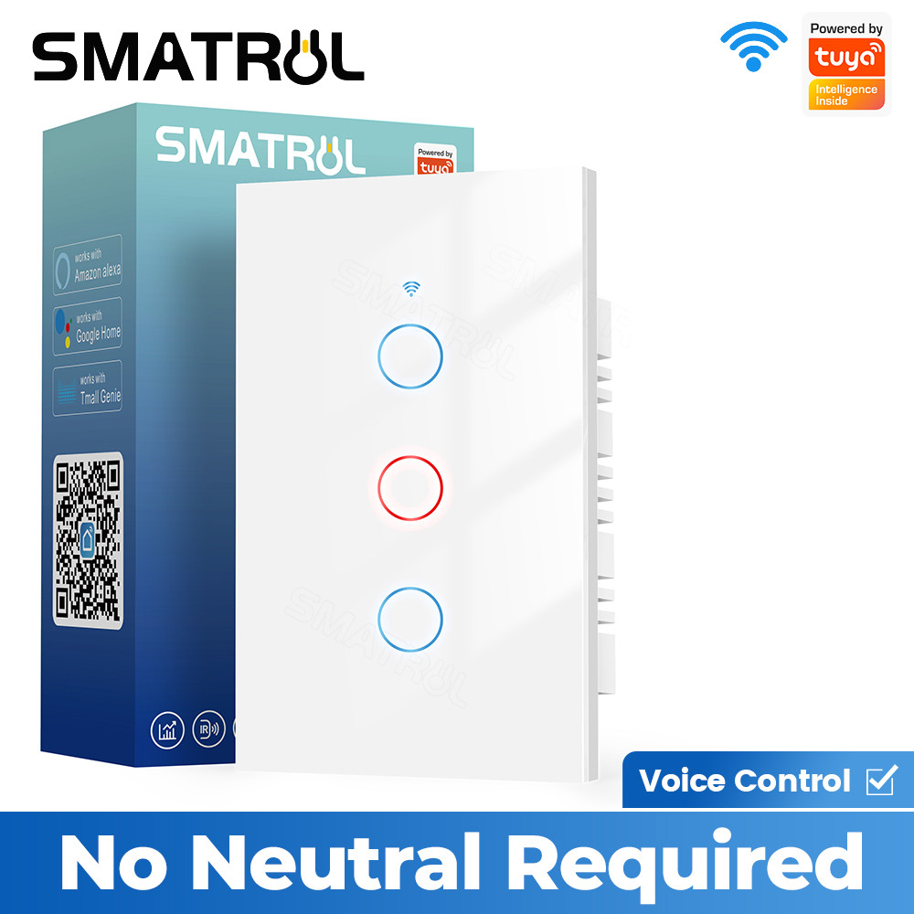 SMATRUL Tuya Wifi สมาร์ทสวิตช์สัมผัสไม่มีสายเป็นกลาง 110V 220V 1/2/3 Gang