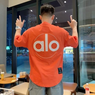 เสื้อยืดตัวอักษร alo 2025 ฤดูร้อนแขนสั้นแนวโน้มอเมริกัน All-Match Heavy Industry พิมพ์ผู้ชาย