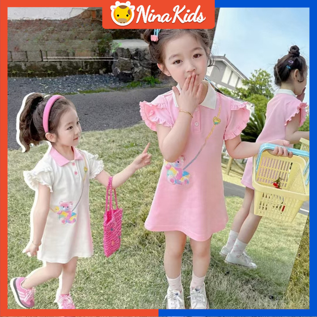 ชุดเด็กผู้หญิงแขนสั้นฤดูร้อนสาวโปโลคอหมีชุด1-7ปี