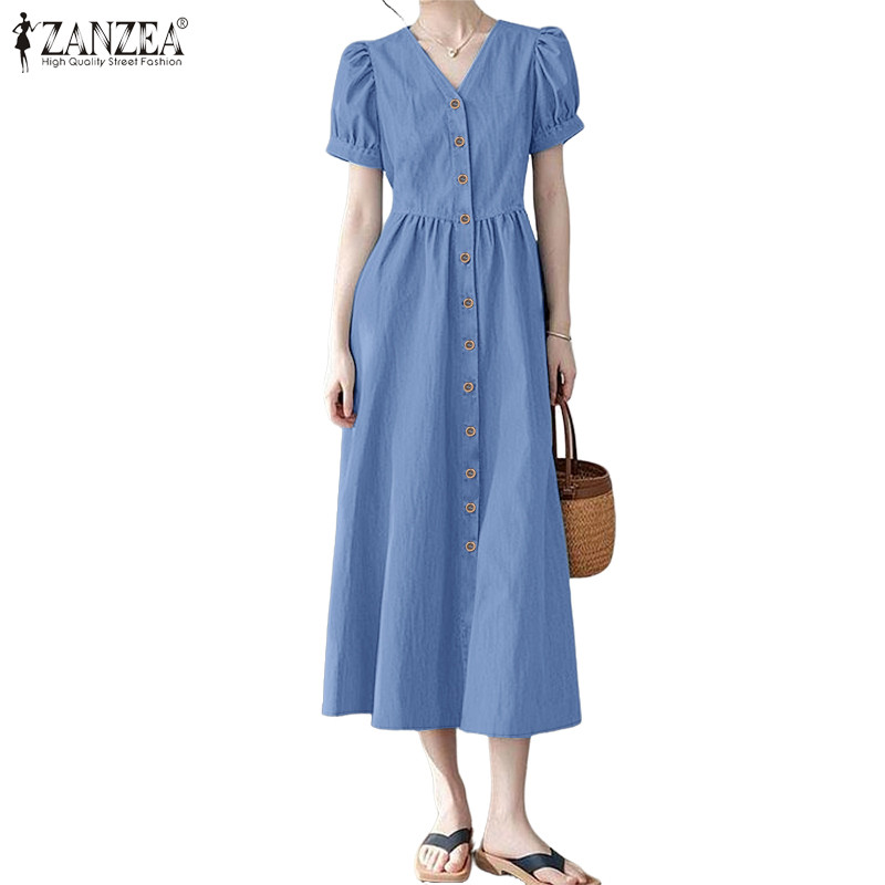ZANZEA ซานเซีย ชุดเดรสยาวคอวีแขนสั้นลําลองเกาหลีสําหรับผู้หญิง