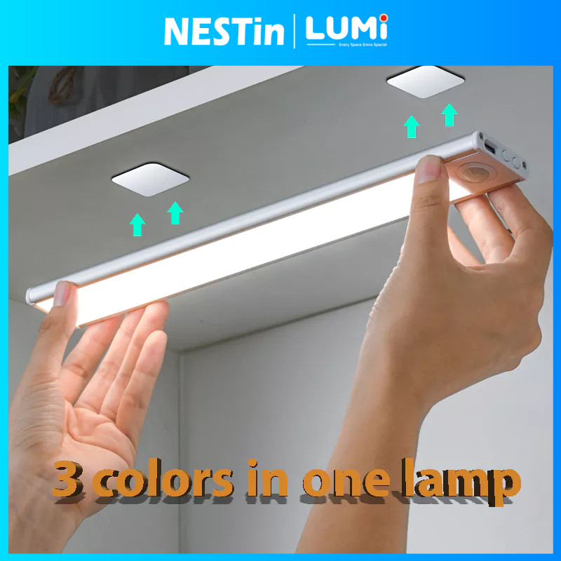 Nestin⚡60cm สมาร์ท 3 สี Slim Motion Sensor ไฟ LED กลางคืนตู้ไฟ Type-C ชาร์จแม่เหล็กการติดตั้งความสว่างปรับได้เหมาะสำหรั