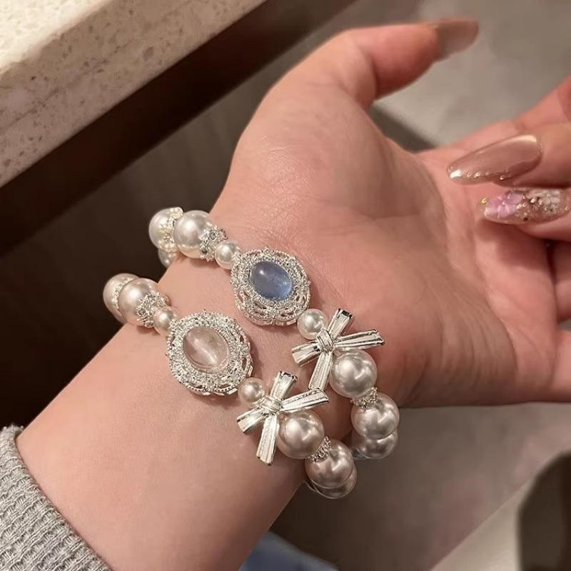 แฟชั่นเกาหลีผงมุกสีฟ้าลูกปัดโบว์สร้อยข้อมือยืดหยุ่นนักเรียนหญิงเครื่องประดับของขวัญ