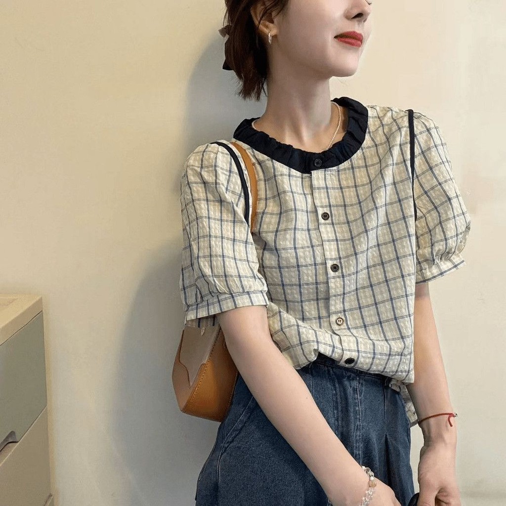 ส่งไวจากไทย⭐Summer⭐M-5XL  ฤดูร้อนแขนสั้นลายสก๊อตเสื้อผู้หญิงด้านบนบวกขนาดเสื้อยืดหลวมระบายอากาศ