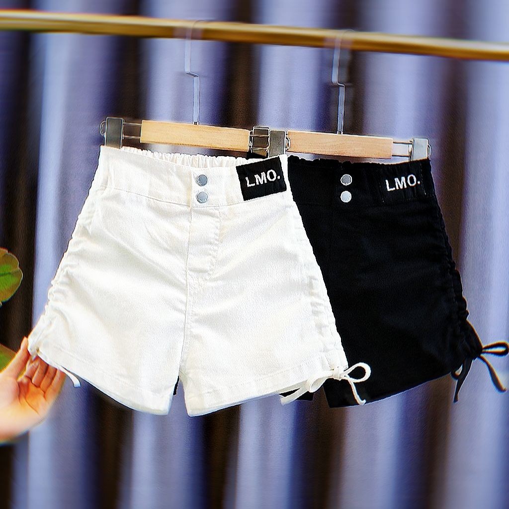 กางเกงขาสั้นเด็กผู้หญิง Laced-Up กางเกงขาสั้นเด็กสวมใส่ด้านนอกแฟชั่นสาวน้อยกางเกงขาสั้นผ้ายีนส์เอวสู