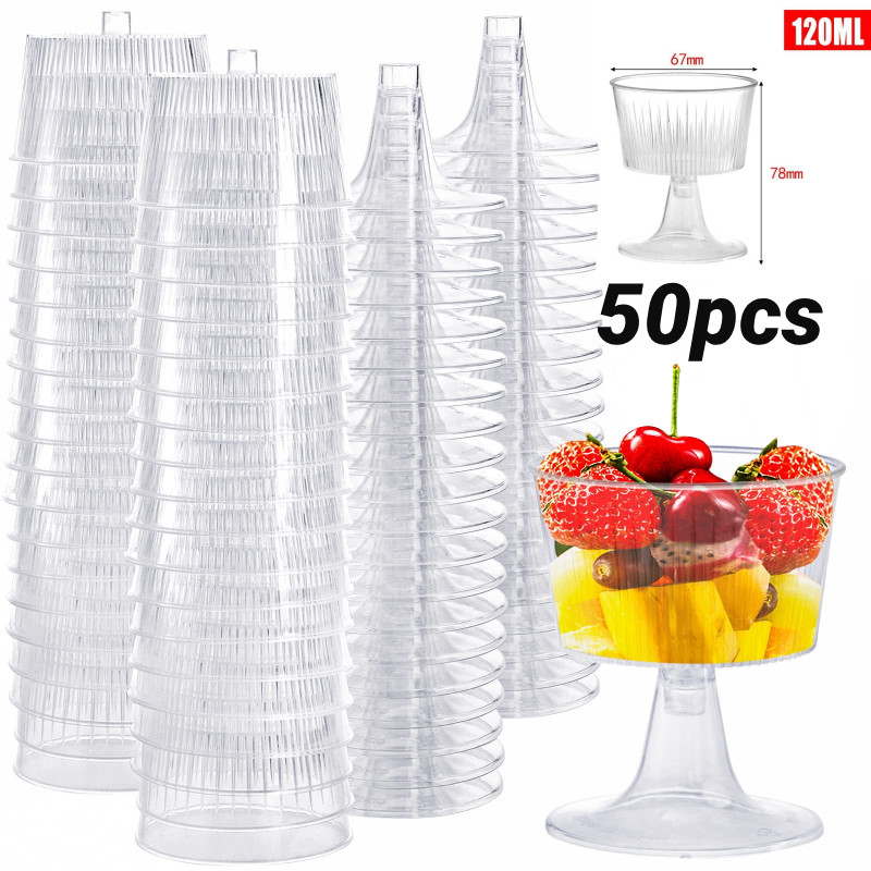 50pcs 120ml ถ้วยพลาสติกใสที่มีลายสําหรับมูสของหวานสามารถถอดออกได้ เหมาะสําหรับใส่ไวน์ เค้ก พุดดิ้ง โยเกิร์ต ฯลฯ