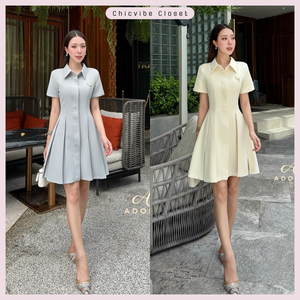 พร้อมส่ง ❥ S-XL  มินิเดรสคอปก สีครีม สีเทาอมฟ้า งานป้าย ADORA เดรสเชิ้ต เดรสสั้นไม่โป๊ ชุดเดรส