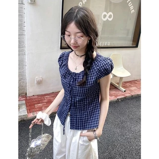 LINNA~วินเทจ ตาหมากรุก ผูกขึ้น แขนสั้น เสื้อเชิ้ต สไตล์ใหม่ เวอร์ชั่นเกาหลี สไตล์แฟชั่น