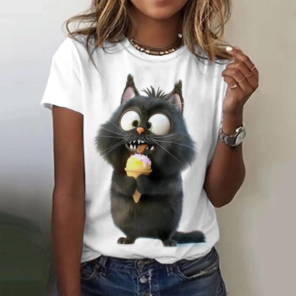 ฤดูร้อนแมวดําขนาดเล็ก 3D พิมพ์เสื้อยืดผู้หญิง Streetwear ลําลองแฟชั่น Y2k แขนสั้น O-คอ Tees Tops