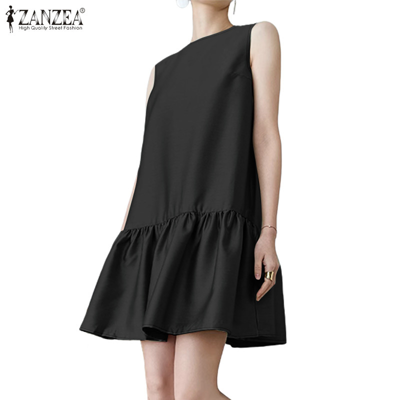 ZANZEA ผู้หญิงวันหยุดแขนกุด U คอ Ruffle สีทึบซาติน A ส่วน Hem ชุด