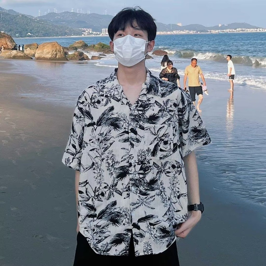 เสื้อเชิ้ตญี่ปุ่นแขนสั้น All-Match Mint Mambo เสื้อดอกไม้อินเทรนด์ชายหาดเสื้อญี่ปุ่นแขนสั้น All-Matc