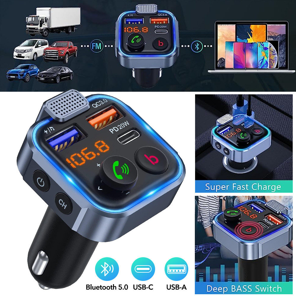 เครื่องส่งสัญญาณ FM ไร้สายบลูทูธ 5.0 ชุดแฮนด์ฟรีรถเสียง MP3 เครื่องเล่น Type-C PD 20W + QC3.0 Fast U