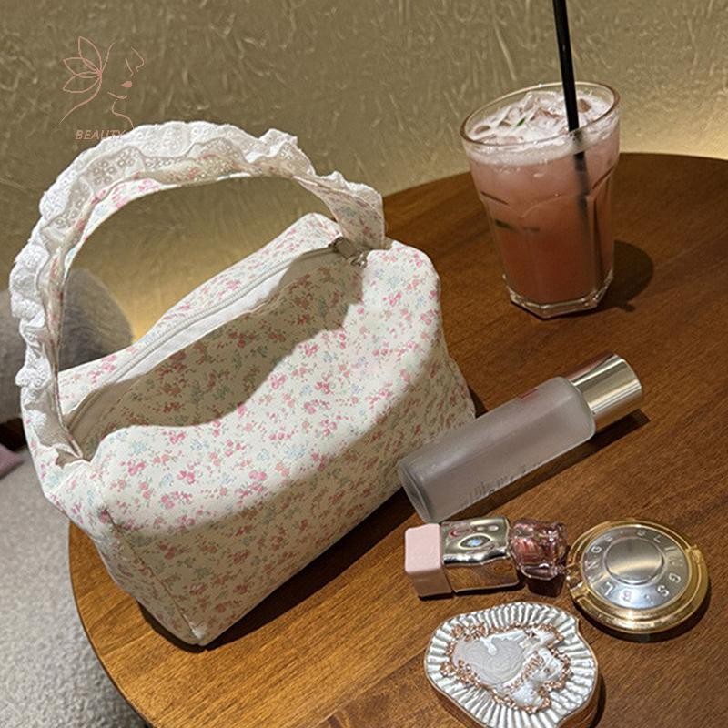 [maybeauty] น่ารักลายดอกไม้ขนาดเล็กพิมพ์แบบพกพามือถือกระเป๋าแต่งหน้าเดินทางความจุขนาดใหญ่การจัดเก็บแป้งกระเป๋าถือ {TH}
