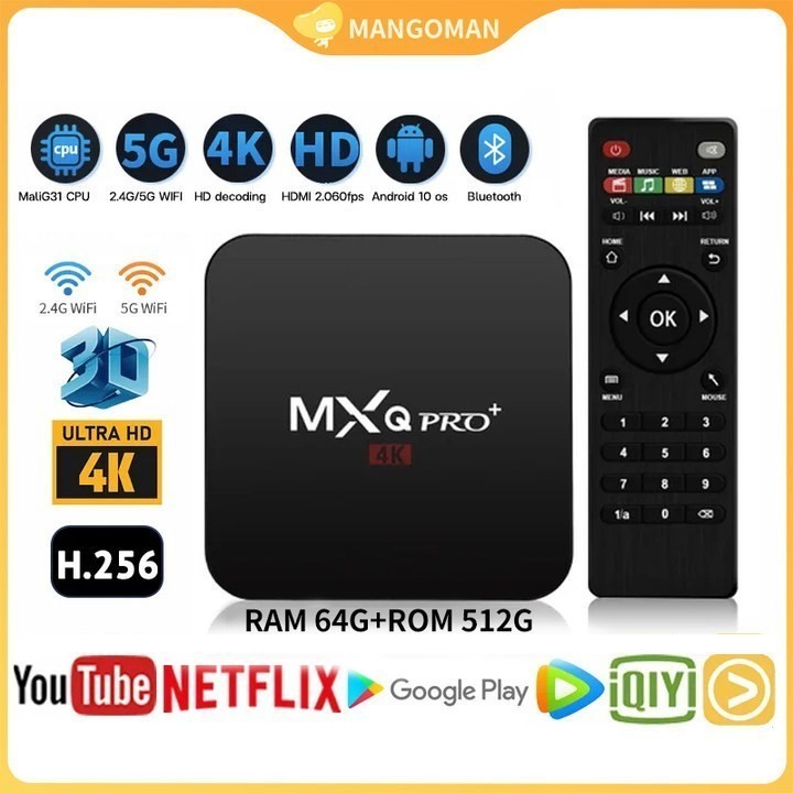 MXQ PRO Android สมาร์ททีวีกล่อง Ultra HD 4K 64GB Ram 512GB Rom 2.4GHz/5G WiFi MXQ PRO Android TV กล่