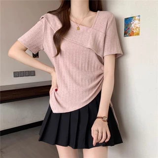 [เสื้อยืด ขนาดใหญ่เกินไป] (40-120กิโลกรัม) ฝรั่งเศสเสื้อลําลองผู้หญิงขนาดบวกฤดูร้อนท็อปส์แฟชั่นไม่สมมาตรแขนสั้นสายรัดเสื้อยืด