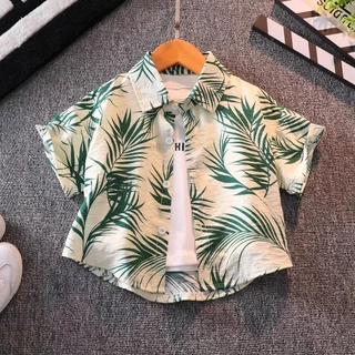 ชุดเสื้อเชิ้ตเด็กผู้ชาย ฤดูร้อน ผ้าคอตตอน ใส่สบาย ไม่ร้อน ลายใบไม้เขตร้อน สำหรับเด็ก 6 เดือน-5 ปี