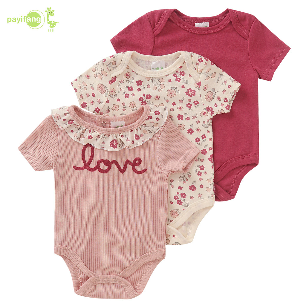 PAYI Baby-3 PIECES Ruffes การออกแบบปกเด็กสาวดอกไม้ Onesies ทารกแรกเกิด Romper แขนสั้น Ribbed ผ้าฝ้ายบอดี้สูท
