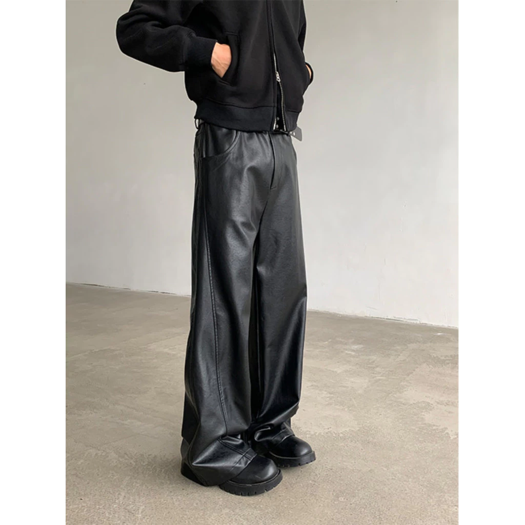 ASRV American High Street การตัดเย็บสามมิติผู้ชายสีดำกางเกงหนัง PU บานตรง