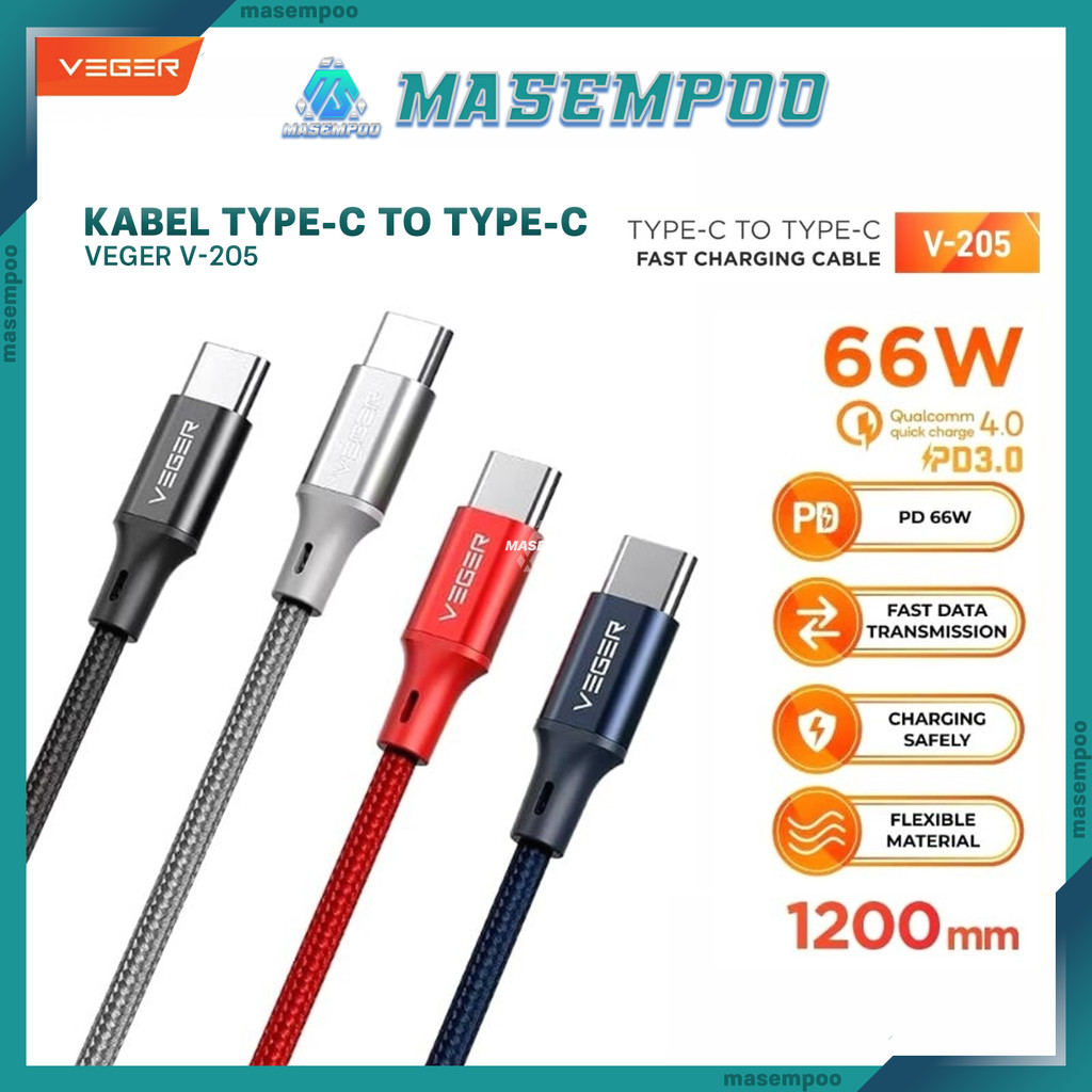 สาย Veger V205 type-C to type-C 66W Quick Charge PD 3.0 120 cm Original Veger Premium KBL004