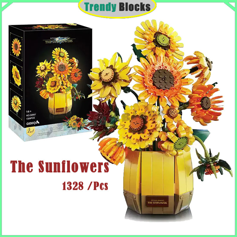G8907,The Sunflowers,Building Blocks,MOC-1215,Vincent van Gogh – ดอกทานตะวันพร้อมแจกันของเล่นของขวัญ