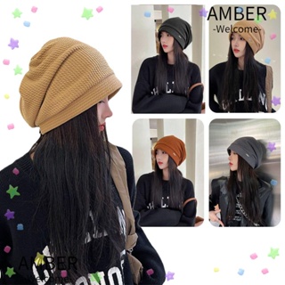 Amber หมวกบีนนี่ ผ้าถัก สีพื้น น่ารัก สําหรับผู้หญิง ผู้ชาย 4 สี