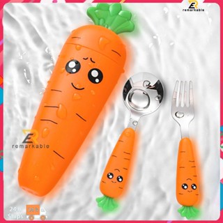 Ready stock 304 Stainless Steel Cartoon Carrot Spoon Baby Rice Spoon Cute Short Spoon Fork Psionic Tableware Set