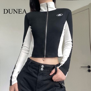 Dunea เสื้อโค้ท คอปกตั้ง มีซิป บล็อกสี แฟชั่นฤดูใบไม้ร่วง สําหรับผู้หญิง