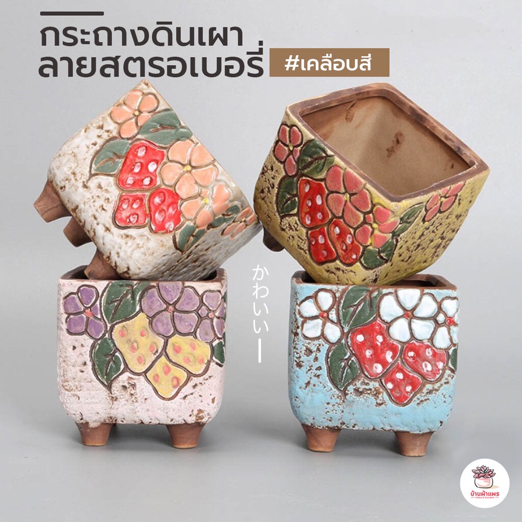 กระถางต้นไม้ ลายสตรอเบอรี่ กระถางดินเผาเคลือบสี ไม้อวบน้ำ กุหลาบหิน cactus&succulentหลากหลายสายพันธ์