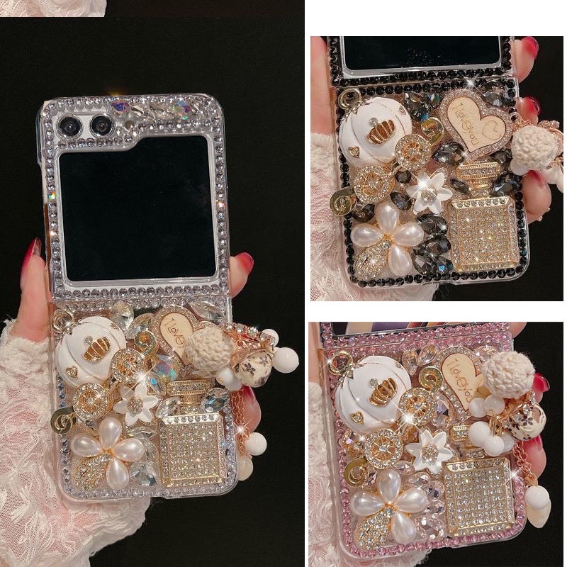 แฟชั่น 3D Rhinestone ฟักทองรถเข็นเคสโทรศัพท์สําหรับ Samsung Galaxy Z Flip 8 7 FE 6 5 4 3 5G Bling คริสตัลหัวใจขวดน้ําหอมดอกไม้มุกฝาครอบใส