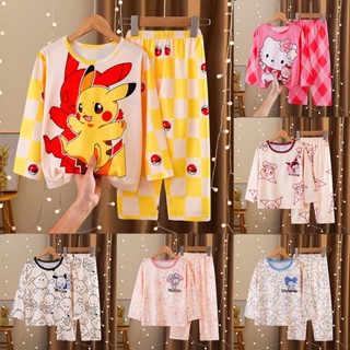 SANRIO ชุดนอนแขนสั้น ลายการ์ตูน Kuromi Pajama Hello Kitty Pikachu Cinnamoroll แฟชั่นฤดูร้อน สําหรับเด็ก