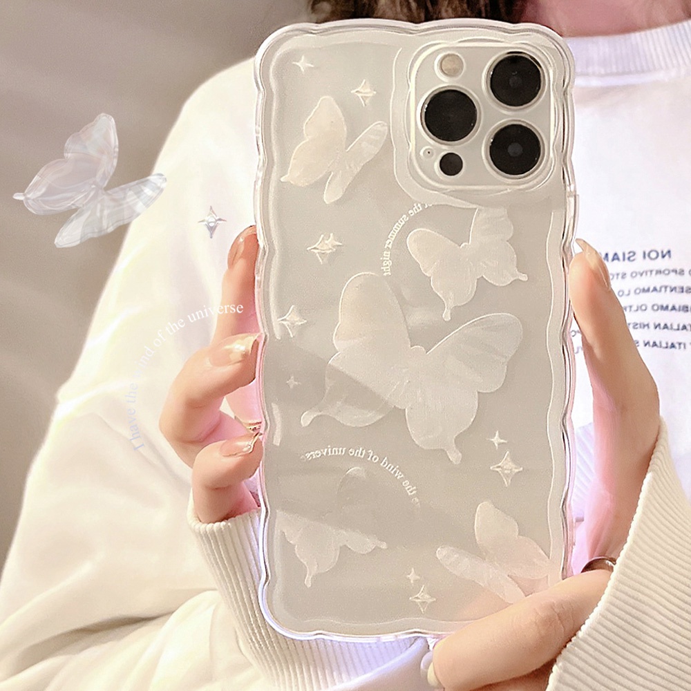เคสโทรศัพท์มือถือแบบนิ่ม TPU For iPhone 11 7Plus 8Plus XR X XS Max 12 13 11 Pro Max 6 6S Plus 7 8 SE ลายผีเสื้อ สีขาว