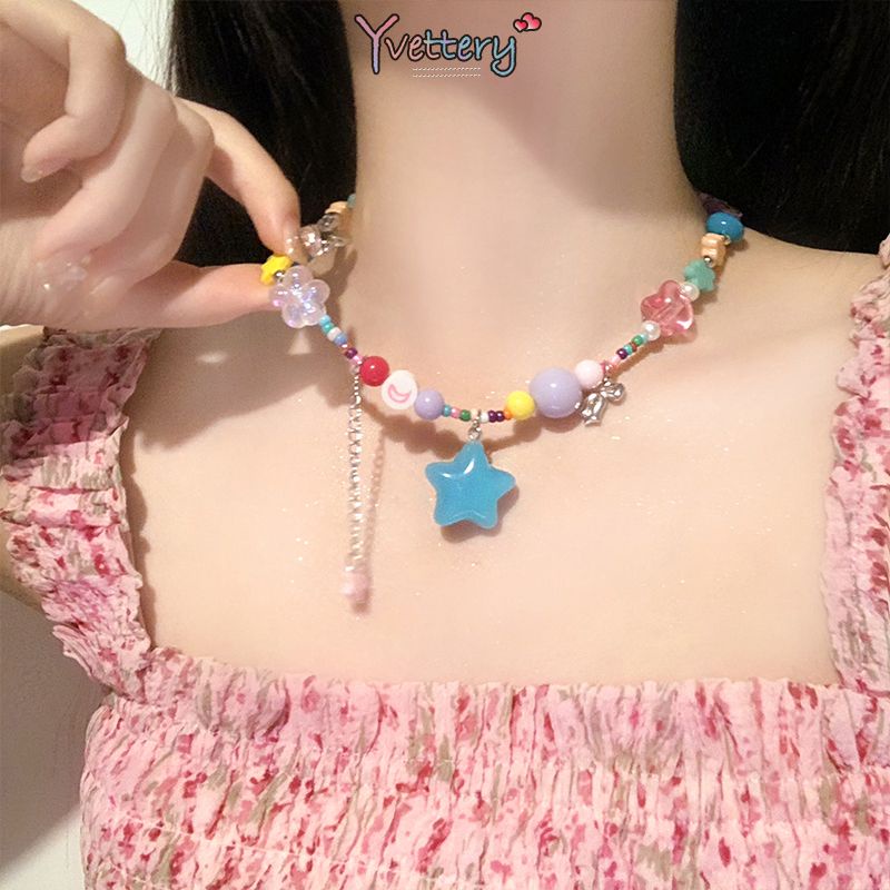Y❤️สร้อยคอลูกปัด รูปดาว ดอกไม้ ดาว โดปามีน Y2K สีชมพู เหมาะกับฤดูร้อน-เก็บเงินปลายทาง
