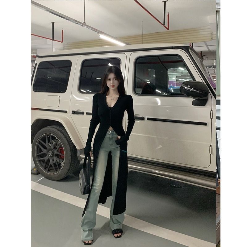 เสื้อคาร์ดิแกนแขนว คอวี ผ้าถัก แดด แฟชั่น และฤ สไตล์เกาห สําหรับผู้หญิง