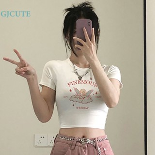 Gjcute เสื้อครอปท็อป คอกลม แขนสั้น พิมพ์ลาย สไตล์เรโทร ฤดูร้อน สําหรับผู้หญิง WTD