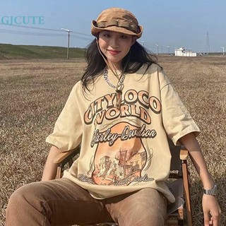 Gjcute เสื้อยืดลําลอง แขนสั้น คอกลม พิมพ์ลาย ทรงหลวม สไตล์เรโทร แฟชั่นฤดูร้อน สําหรับสตรี WTD