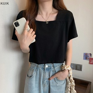 Kuik เสื้อครอปท็อปลําลอง แขนสั้น คอสี่เหลี่ยม ทรงหลวม สีพื้น แฟชั่นฤดูร้อน สําหรับผู้หญิง